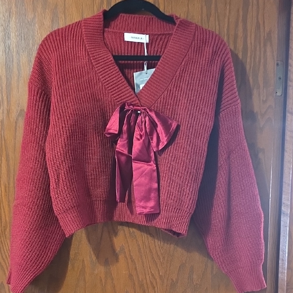 Sandro Red V-Neck Sweater with Satin Bow